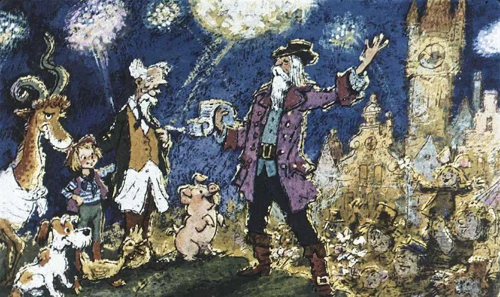 Ilustrație colorată cu o mulțime de oameni adunati pentru a asculta un vorbitor pe o girafă, cu lumini strălucitoare deasupra.